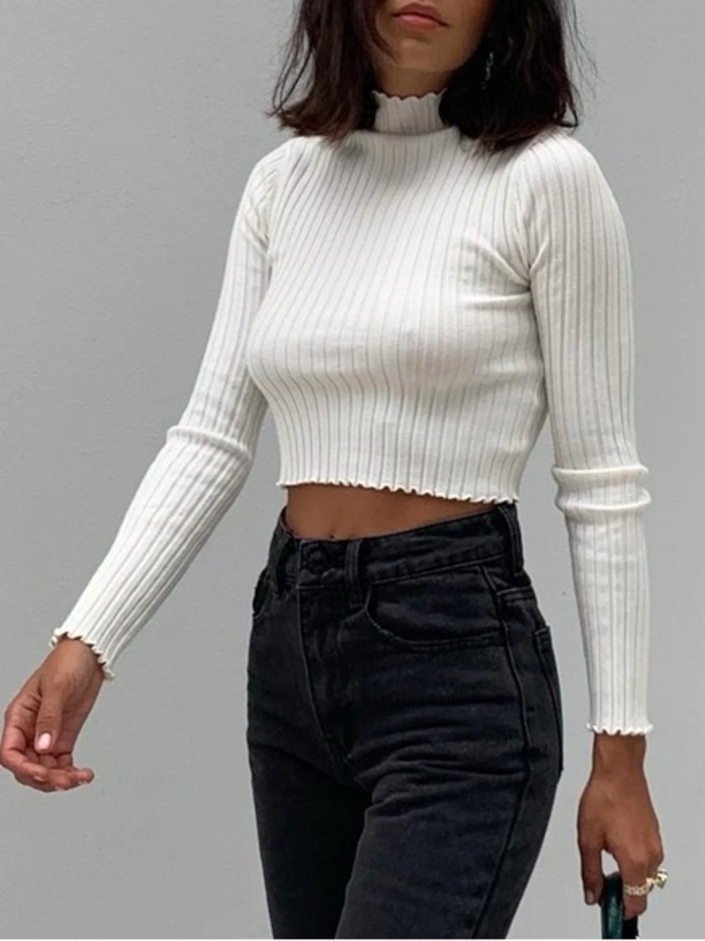 Princess Polly Cropped Ribbed Long Sleeve Top in Ivory